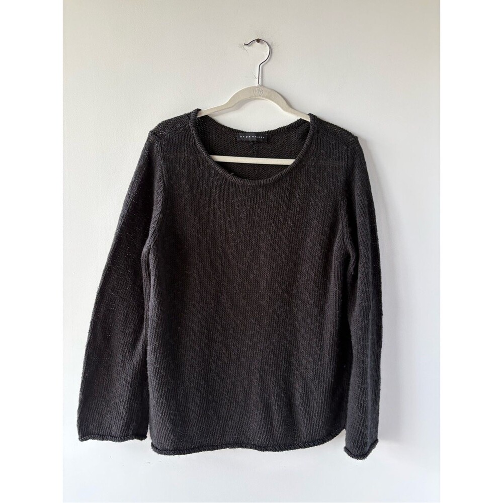 Bryn Walker Black Long Sleeve Open Knit Pullover Sweater Scoop Neck Lagenlook